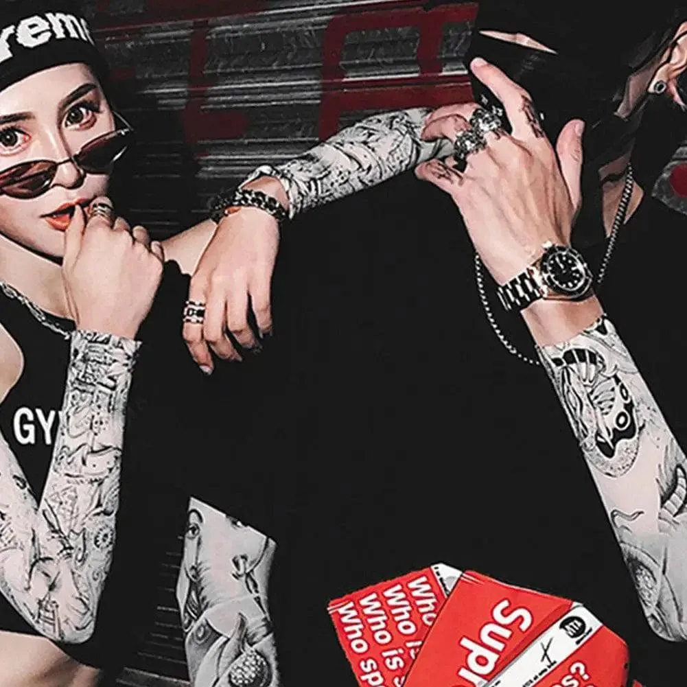 2Pcs Stretch Nylon Sleeves Halloween Tattoo Props UV Sunshade Arm Sleeves Ice Protection Cooling Outdoor Sports Horseback Riding