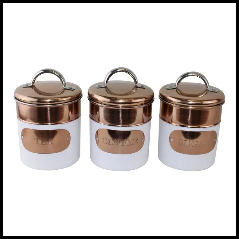 3 x Metal Tins Twist Lid 1.1 Litres - White & Copper