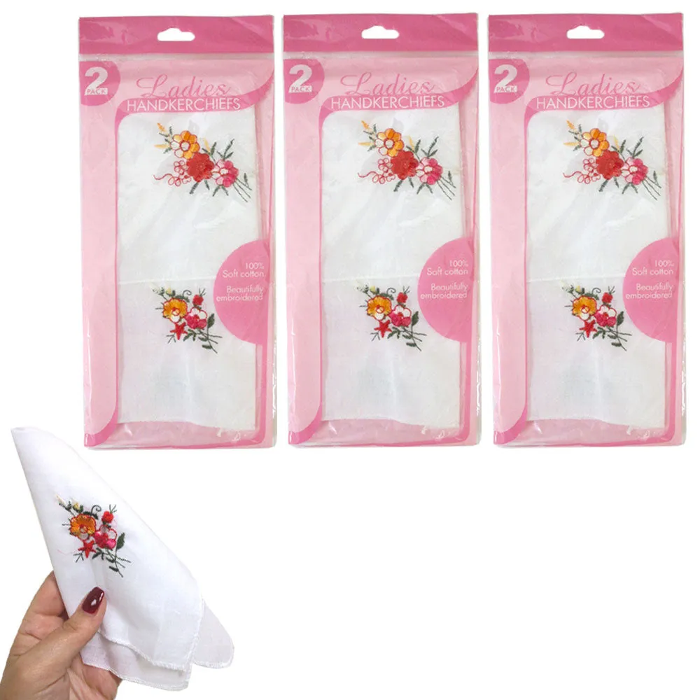 6 Ladies Handkerchief 100% Cotton Pocket Lady Women Square Hankies White Floral