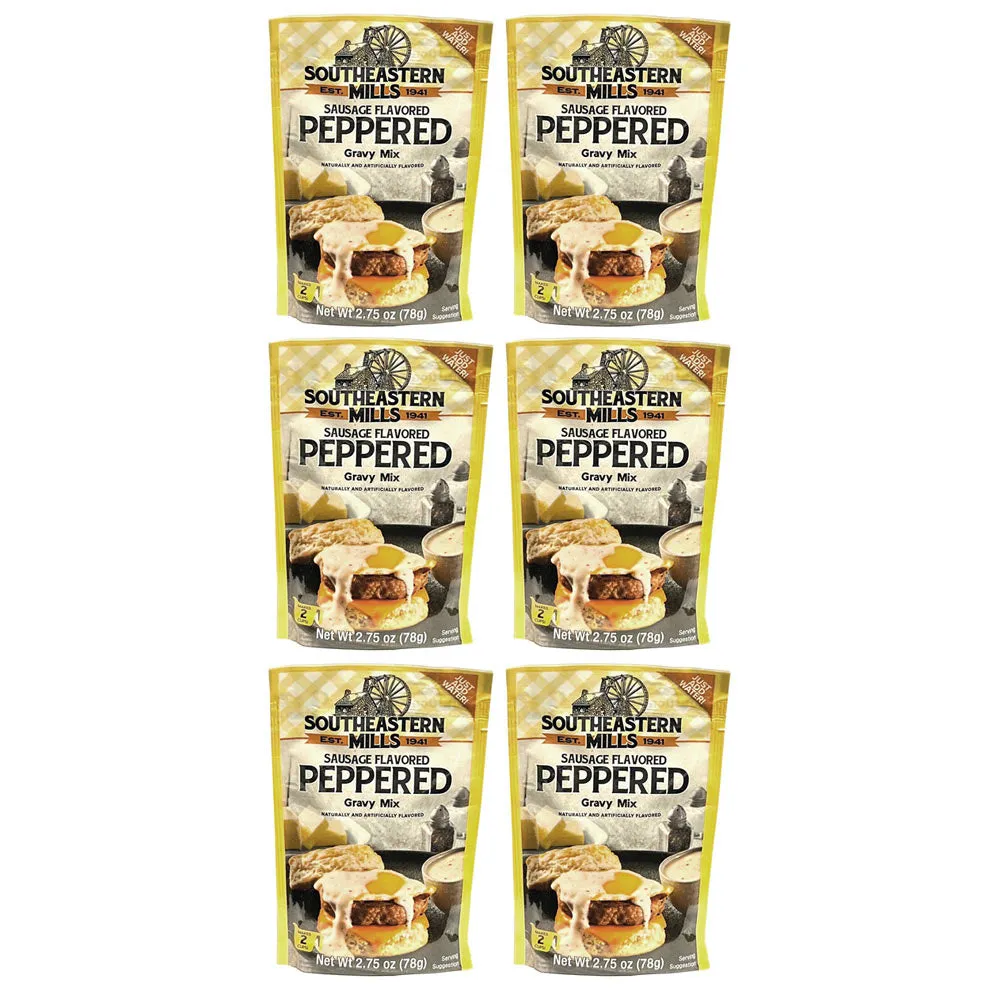 6 Peppered Gravy Mix Southeastern Mills Old Fashioned Sausage Flavored 2.75oz ea