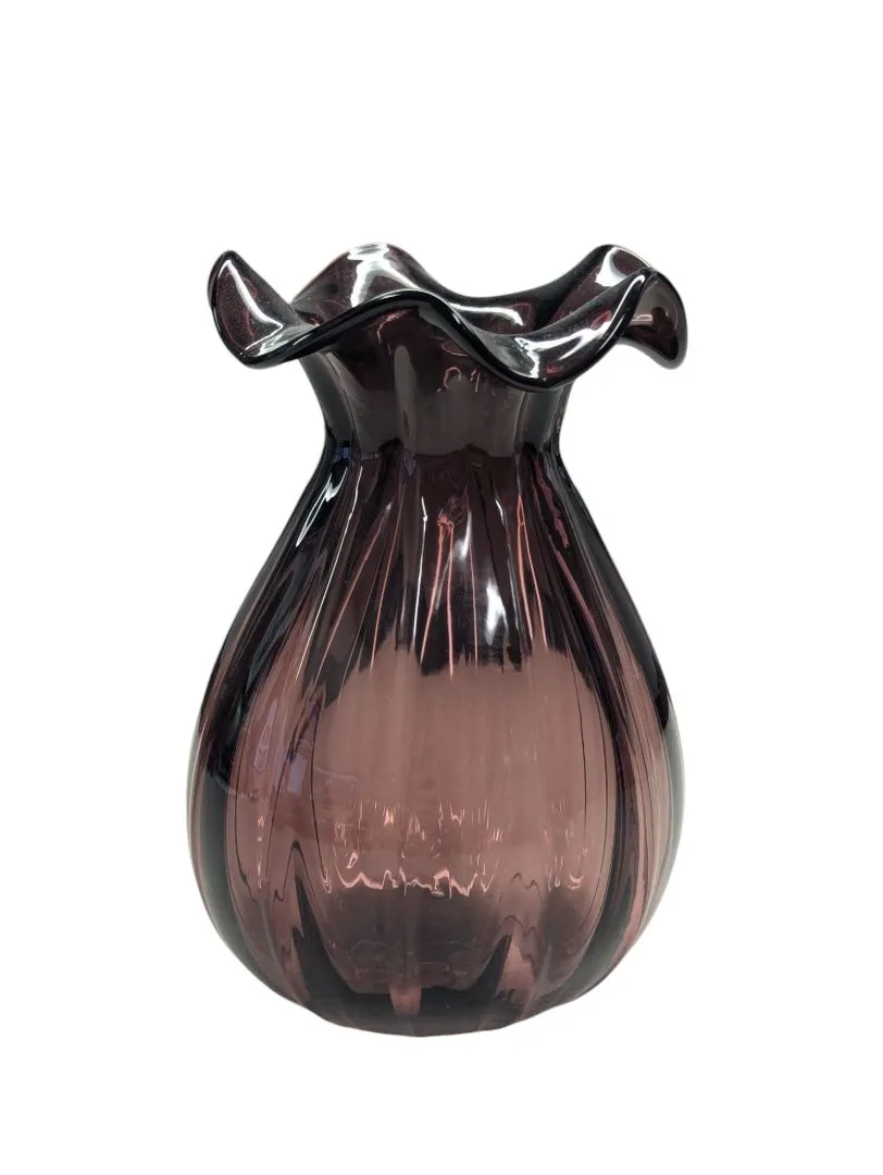Amethyst Purple Blown Glass Ruffle Top Vase