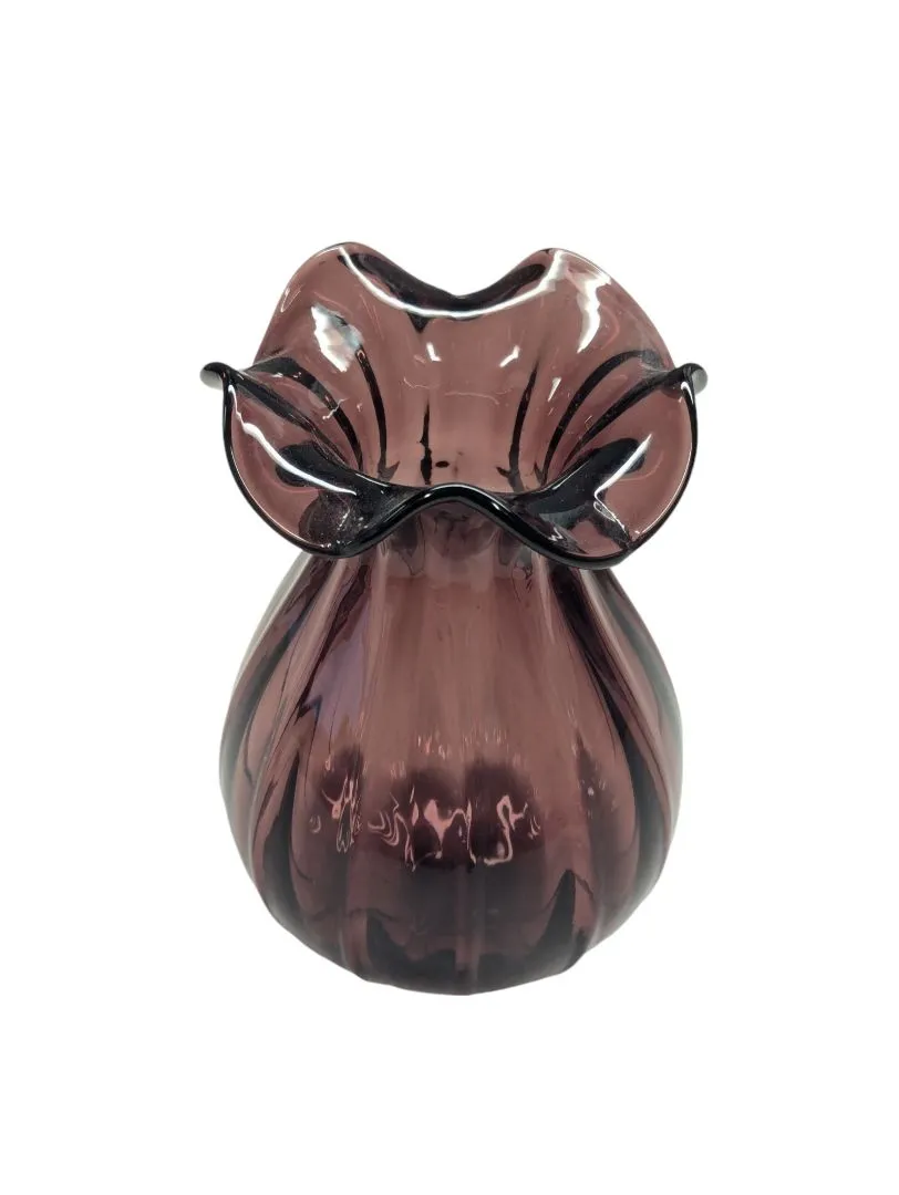 Amethyst Purple Blown Glass Ruffle Top Vase