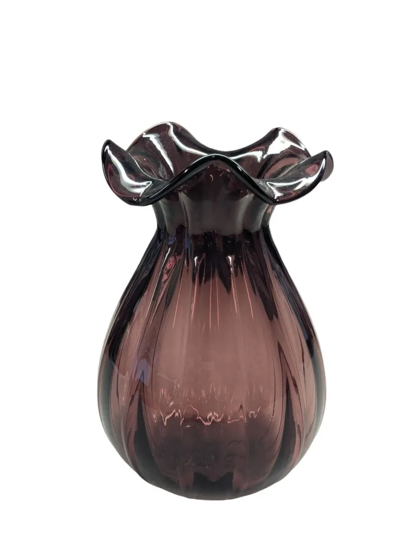 Amethyst Purple Blown Glass Ruffle Top Vase