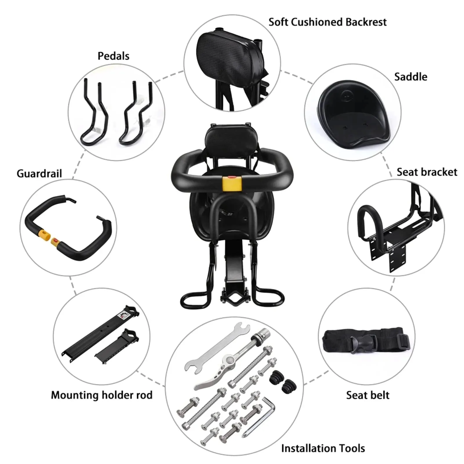 Bicycle Saddle Safety Front Baby Seat Bike Child Kids Seat Mtb Saddl with Foot Pedals Support Back Rest Seat for Mountain Bike