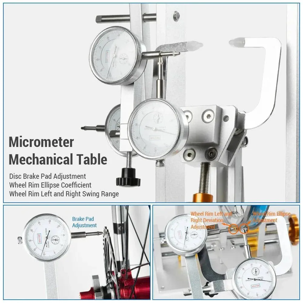 Bicycle Wheel Truing Stand Bike Wheel Alignment Repair Tool with Dial Gauge for Quick Release and Thru-Axle