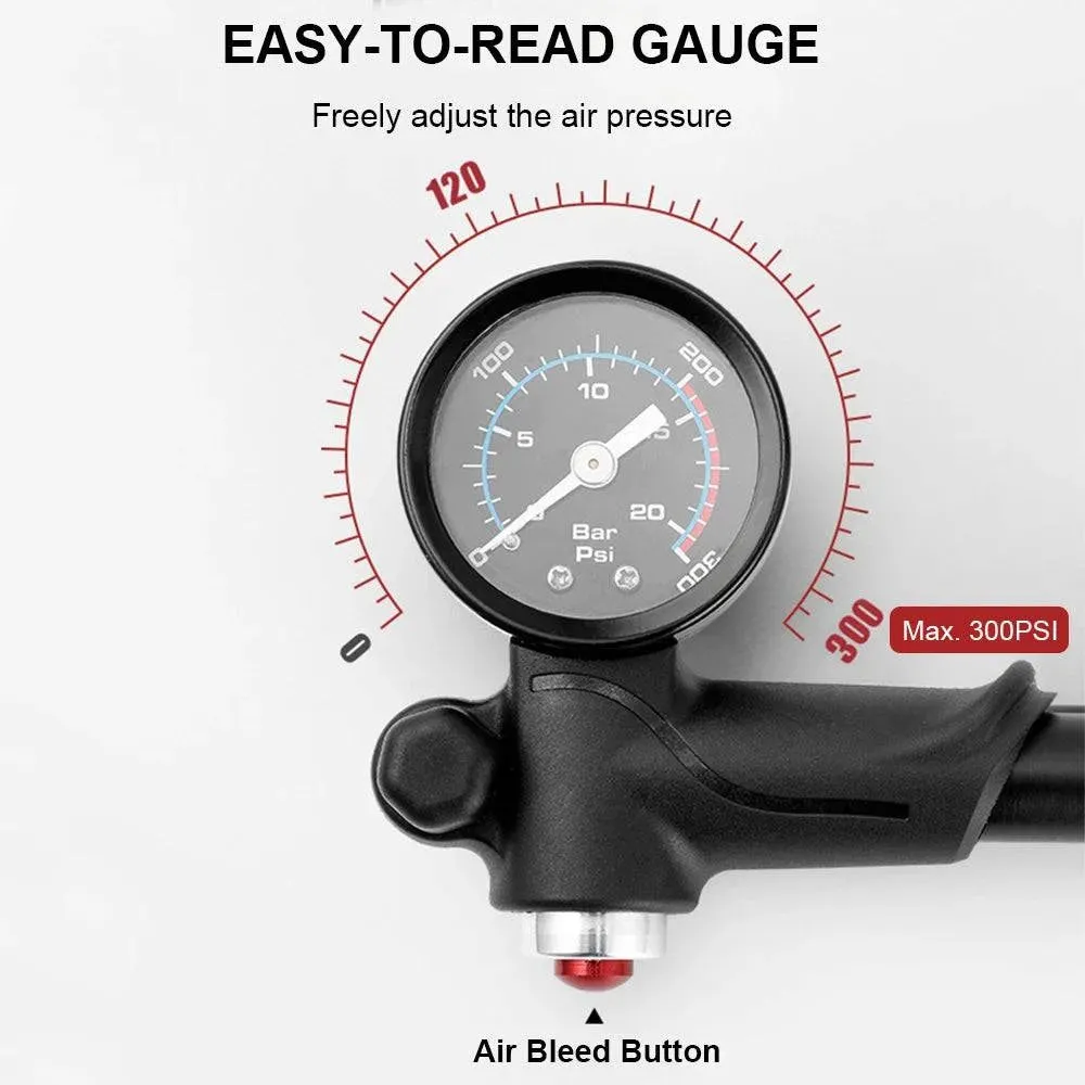 Bike Shock Pump with Pressure Gauge 300PSI High Pressure Bike Tire Inflator Air Pump for Bicycle Fork and Rear Suspension