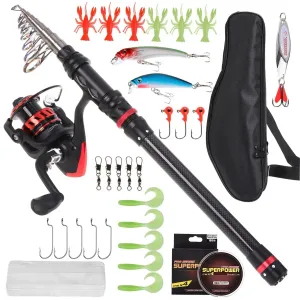 Carbon Fiber Telescopic Fishing Rod Spinning Reel Combo Fishing Lures Jig Hooks Swivels Full Kit For Outdoor Fishing Carbon Fiber Telescopic Fishing Rod Spinning Reel Combo Fishing Lures Jig Hooks Swivels Full Kit For Outdoor Fishing