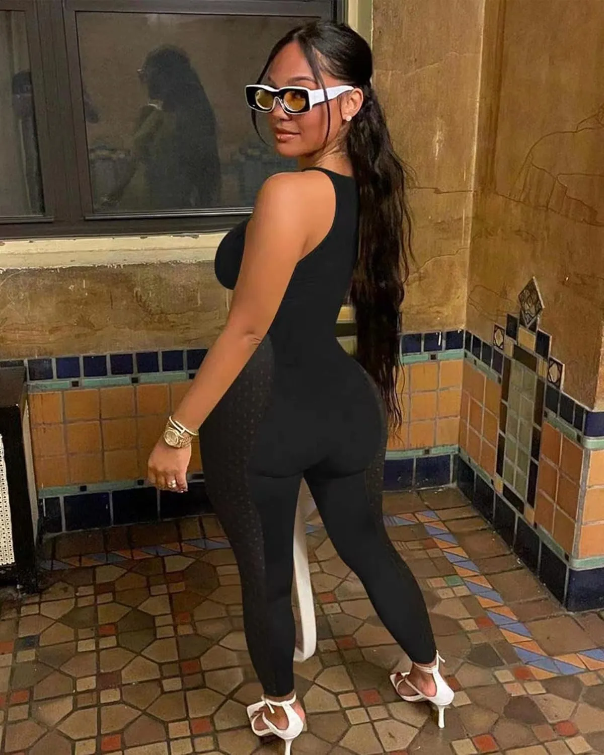 Doweha Sexy Mesh Short Jumpsuits for Women Summer Sleeveless Bodycon Party Club Romper Glitter Rhinestone Up Polka Dot Outfit