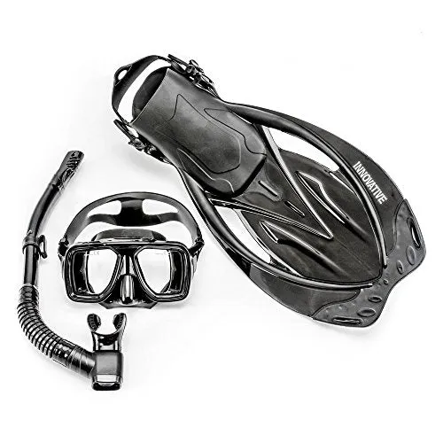 Innovative Scuba Concepts MSF4612 REEF, Adult Snorkel Set, Mask, Fins, Snorkel and Bag, Black, Large/Extra Large