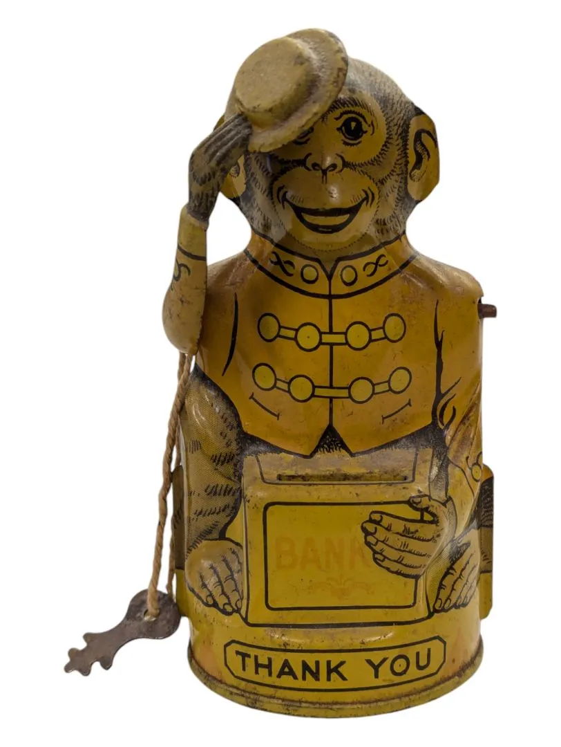 J Chein Vintage Tin Litho Monkey Bank Toy
