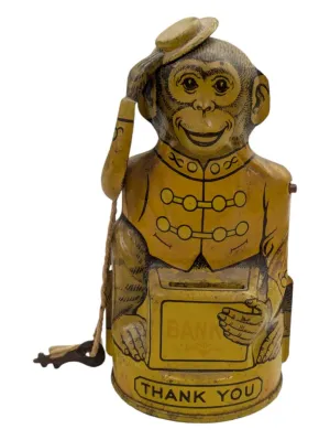 J Chein Vintage Tin Litho Monkey Bank Toy J Chein Vintage Tin Litho Monkey Bank Toy