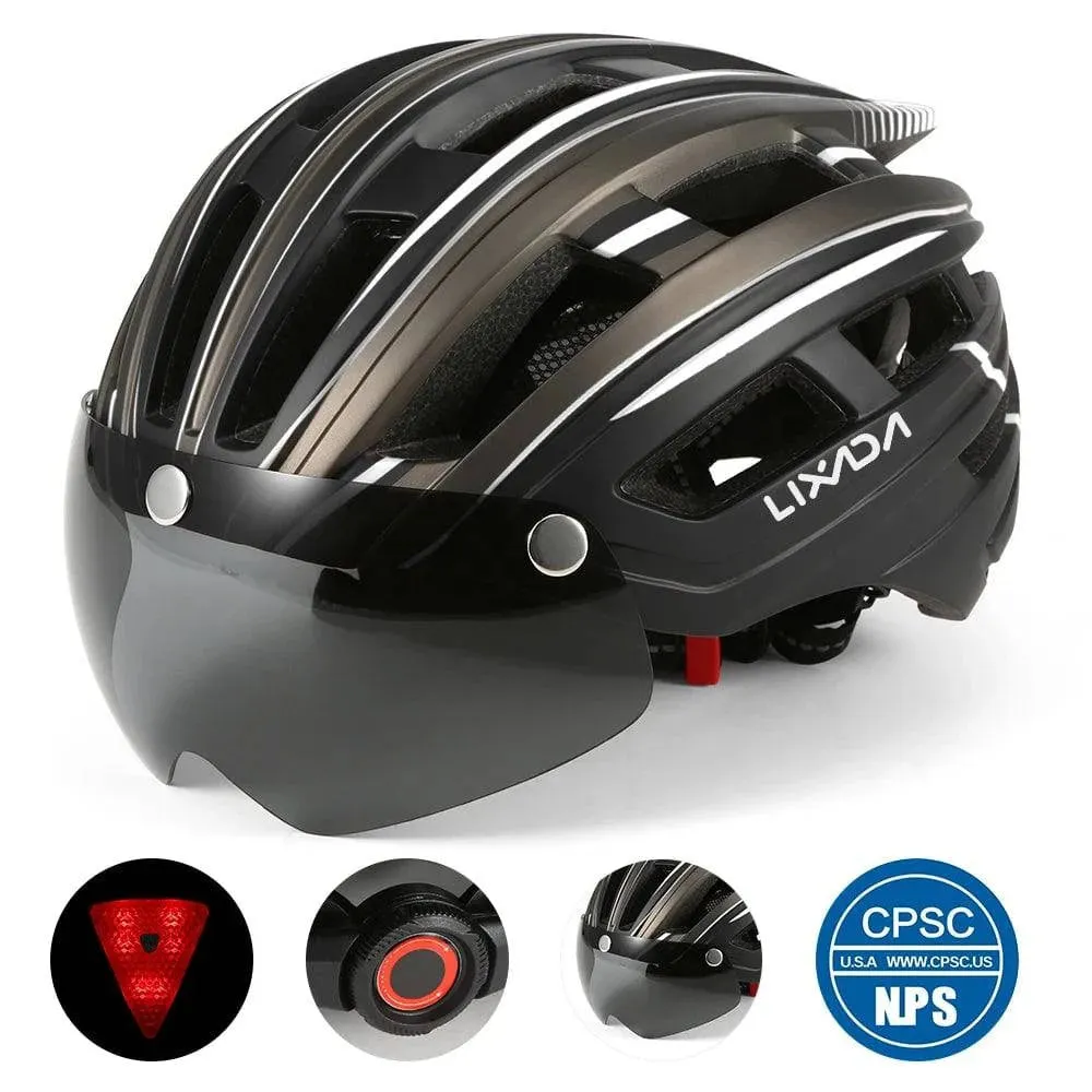 Lixada Bicycle Helmet LED Moutain Road USB Rechargeable Light Cycling Helmet For Man Sun Visor Goggles Men MTB Bike Headgear