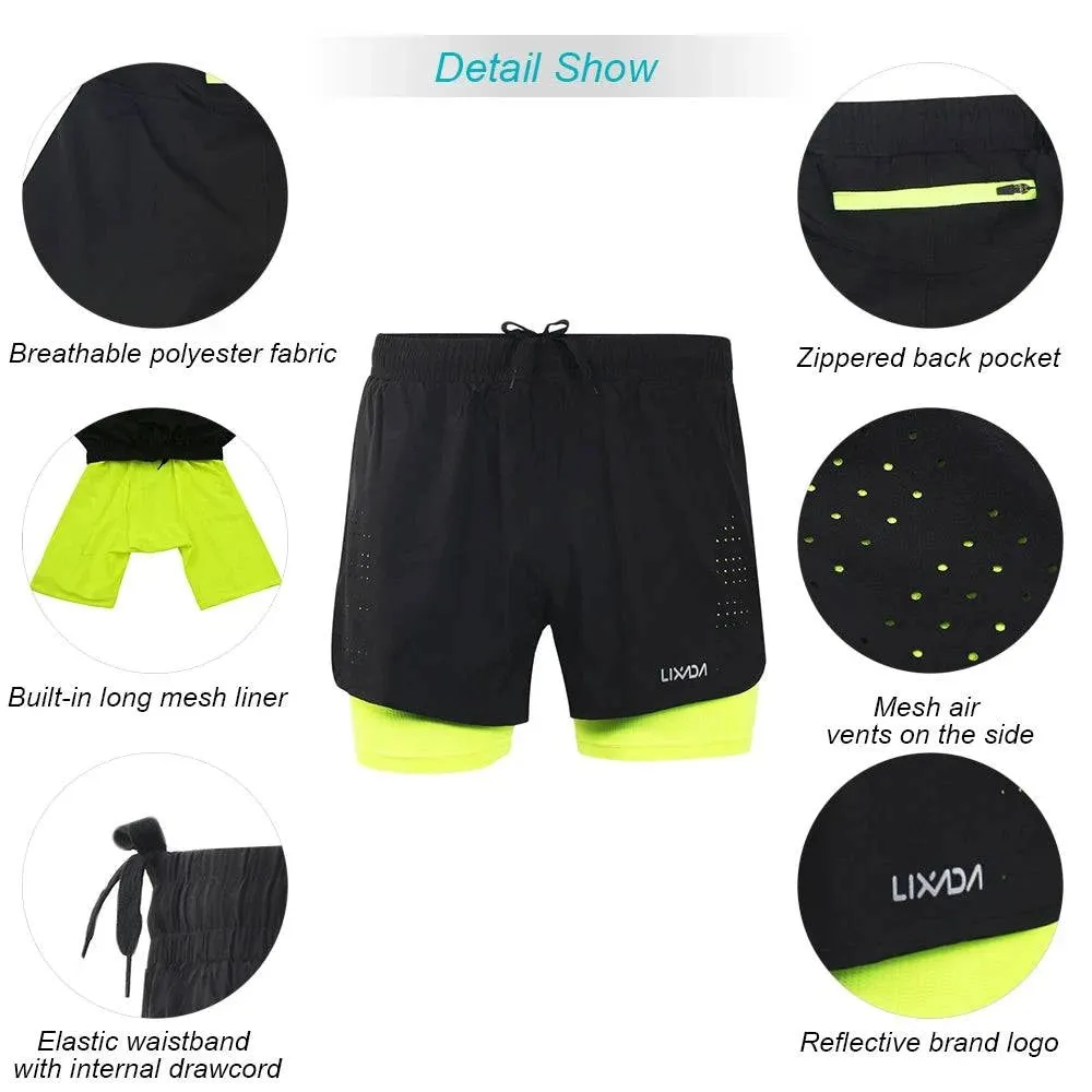 LIXADA Men 2-in-1 Running Shorts Quick Drying Breathable Gym Sports Shorts Training Exercise Jogging Cycling Shorts Longer Liner