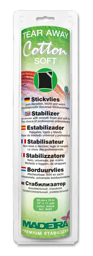 Madeira  9437 | Cotton Soft | Light | Tear Away | Black | Rolls | 1.47 oz. Madeira  9437 | Cotton Soft | Light | Tear Away | Black | Rolls | 1.47 oz.