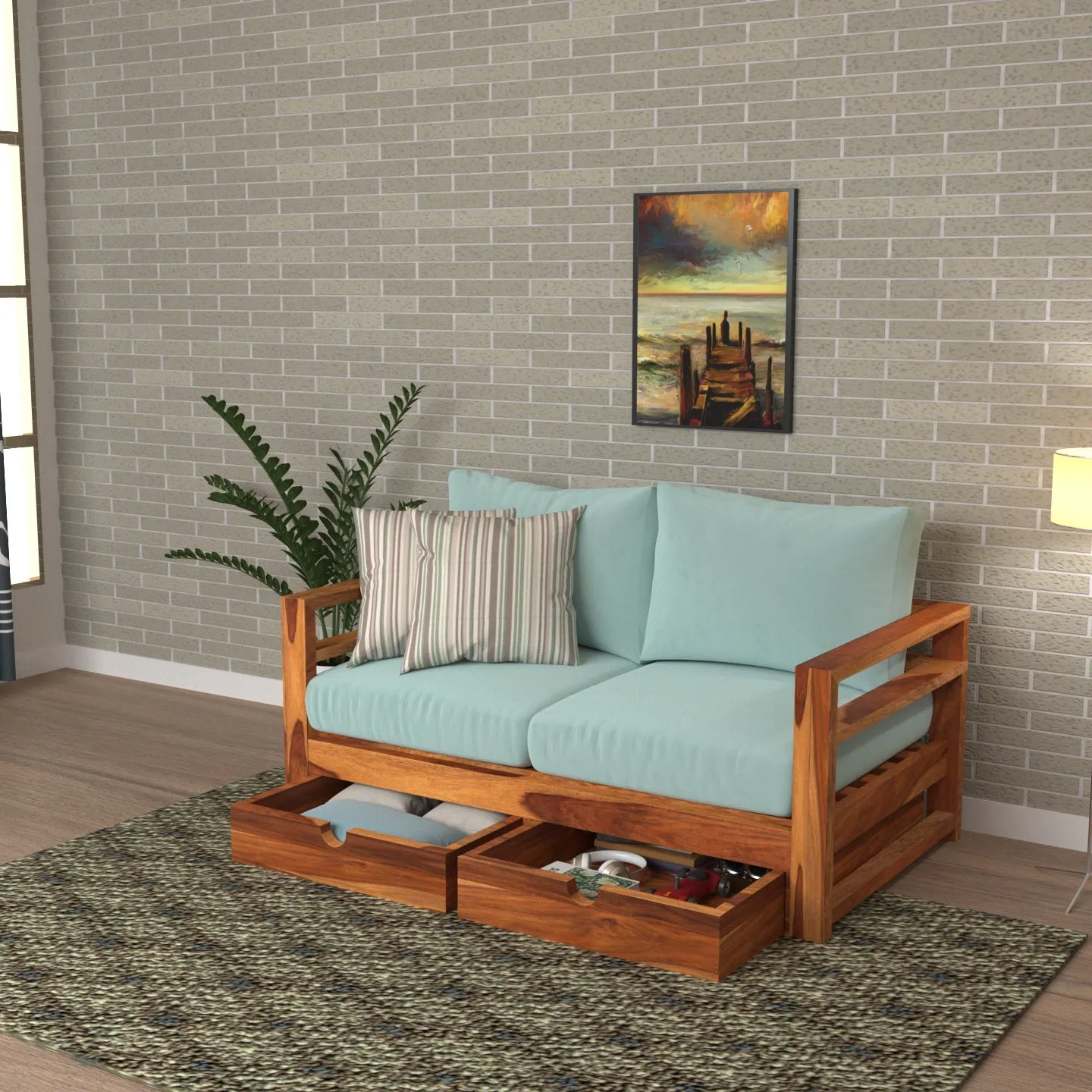 Metallic Blue Premium 2 Seater Sofa with Storage