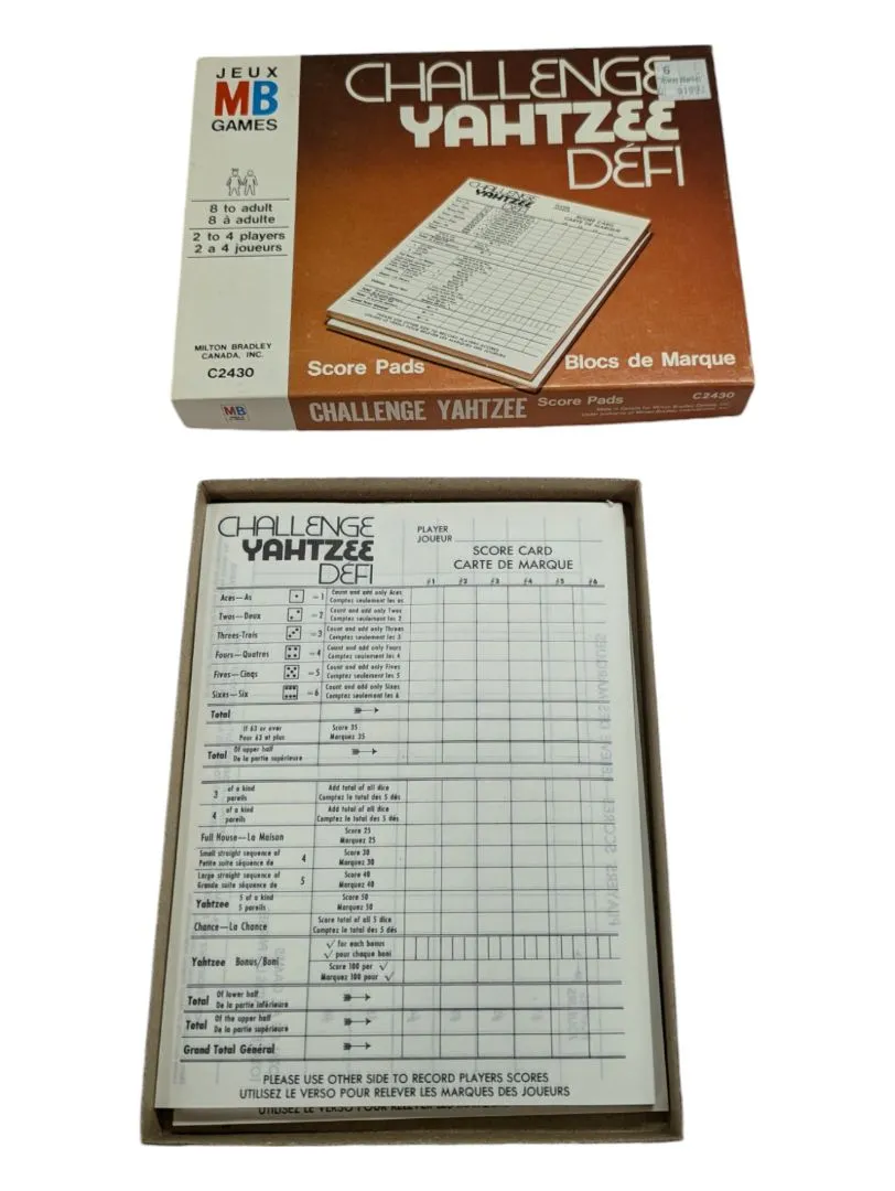 Milton Bradley Challenge Yahtzee Score Cards