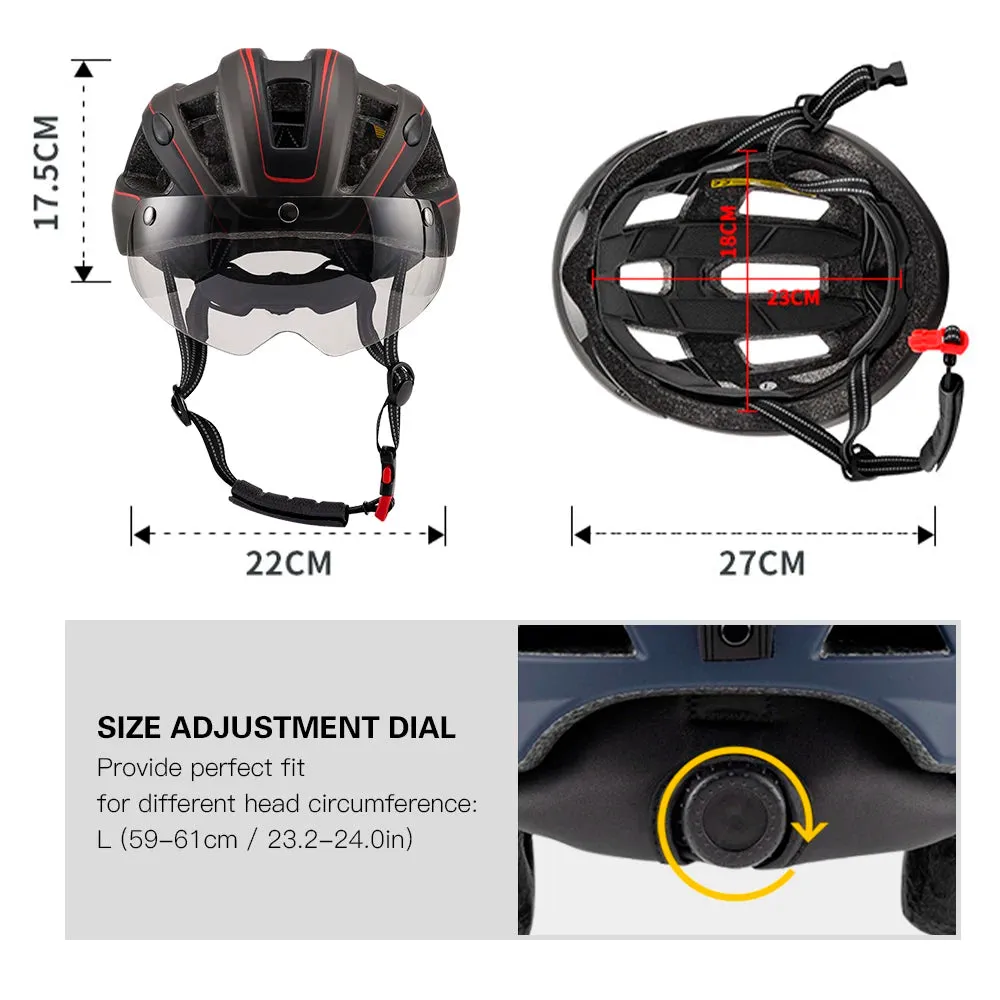 Mountain Bike Helmet One-piece Structure Cycling Helmets with Detachable Magnetic Goggles and USB Rechargeable Rear Light