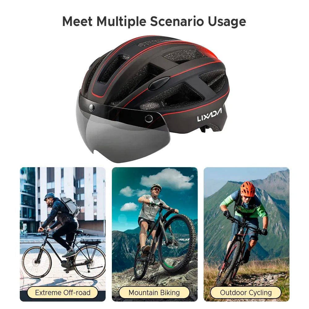 Mountain Bike Helmet One-piece Structure Cycling Helmets with Detachable Magnetic Goggles and USB Rechargeable Rear Light