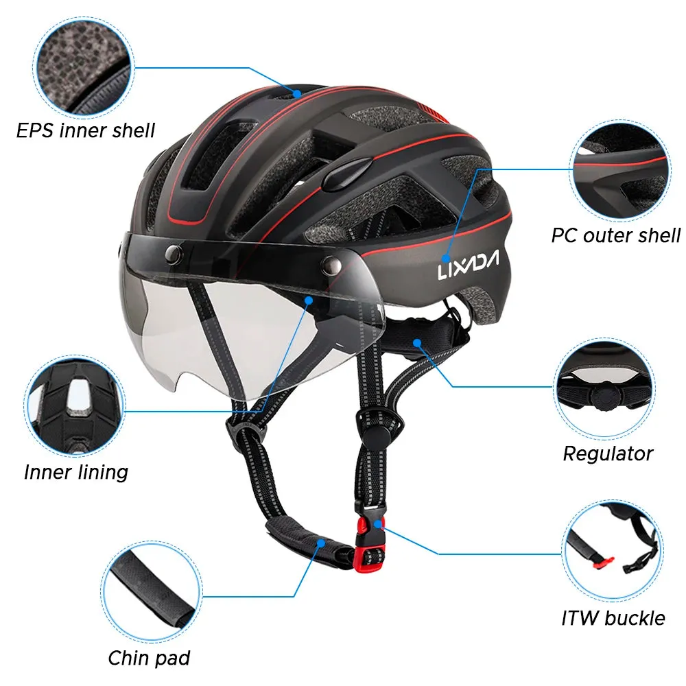 Mountain Bike Helmet One-piece Structure Cycling Helmets with Detachable Magnetic Goggles and USB Rechargeable Rear Light