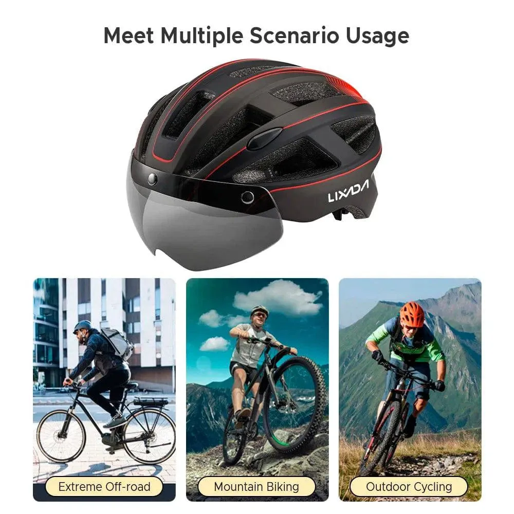 Mountain Bike Helmet One-piece Structure Cycling Helmets with Detachable Magnetic Goggles and USB Rechargeable Rear Light
