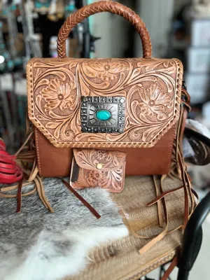 Tan Tooled Leather Crossbody with Small Wallet Tan Tooled Leather Crossbody with Small Wallet
