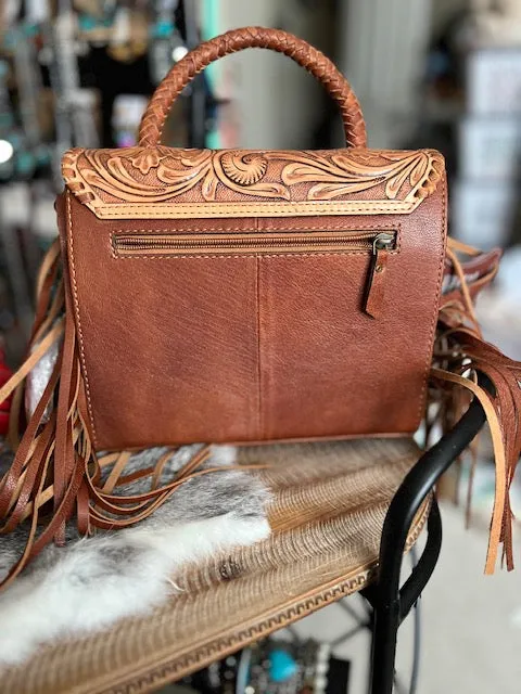 Tan Tooled Leather Crossbody with Small Wallet