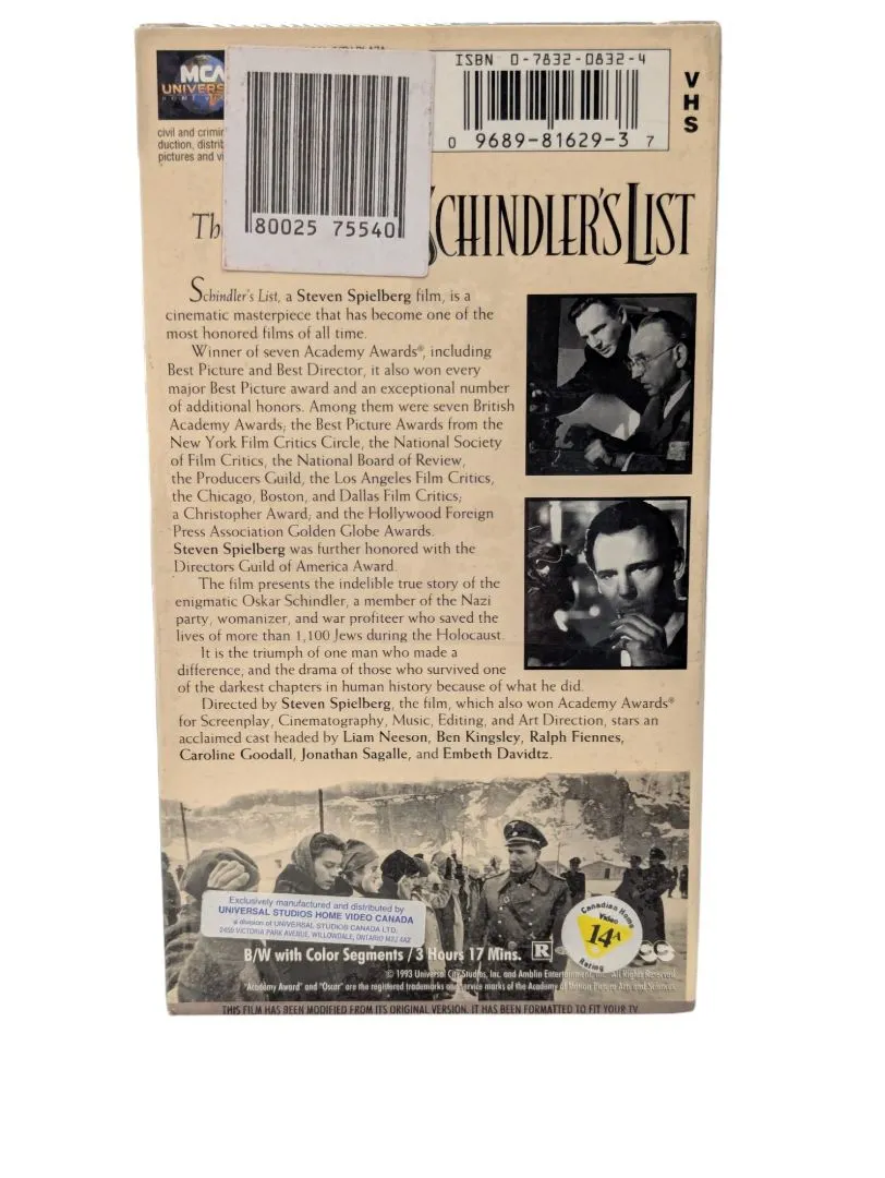 Vintage 2 VHS  Schindler's List New & Sealed