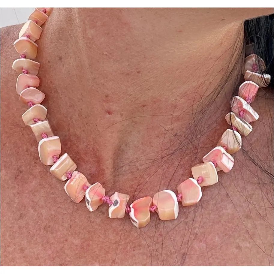 Vintage Signed Jewelry Les Bernard Necklace Natural Pink Shell Chunky Choker