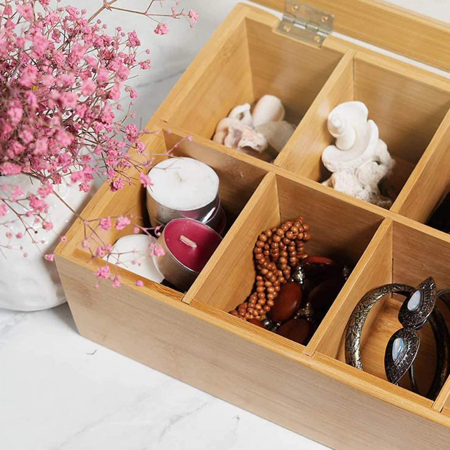 White Whale Eco-Friendly Wooden Tea Box Rectangular Storage Organizer Chest Box with 6 Compartments