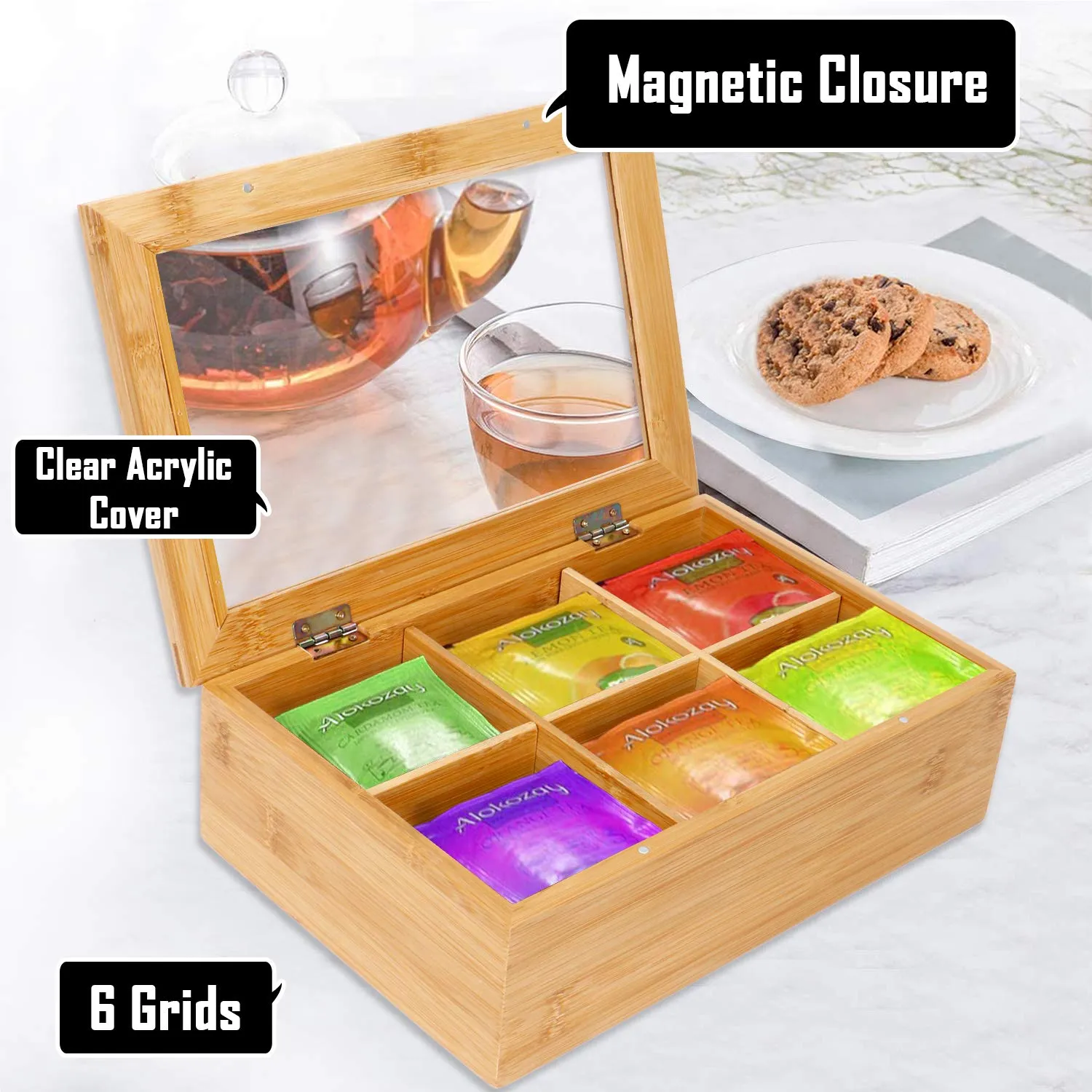 White Whale Eco-Friendly Wooden Tea Box Rectangular Storage Organizer Chest Box with 6 Compartments