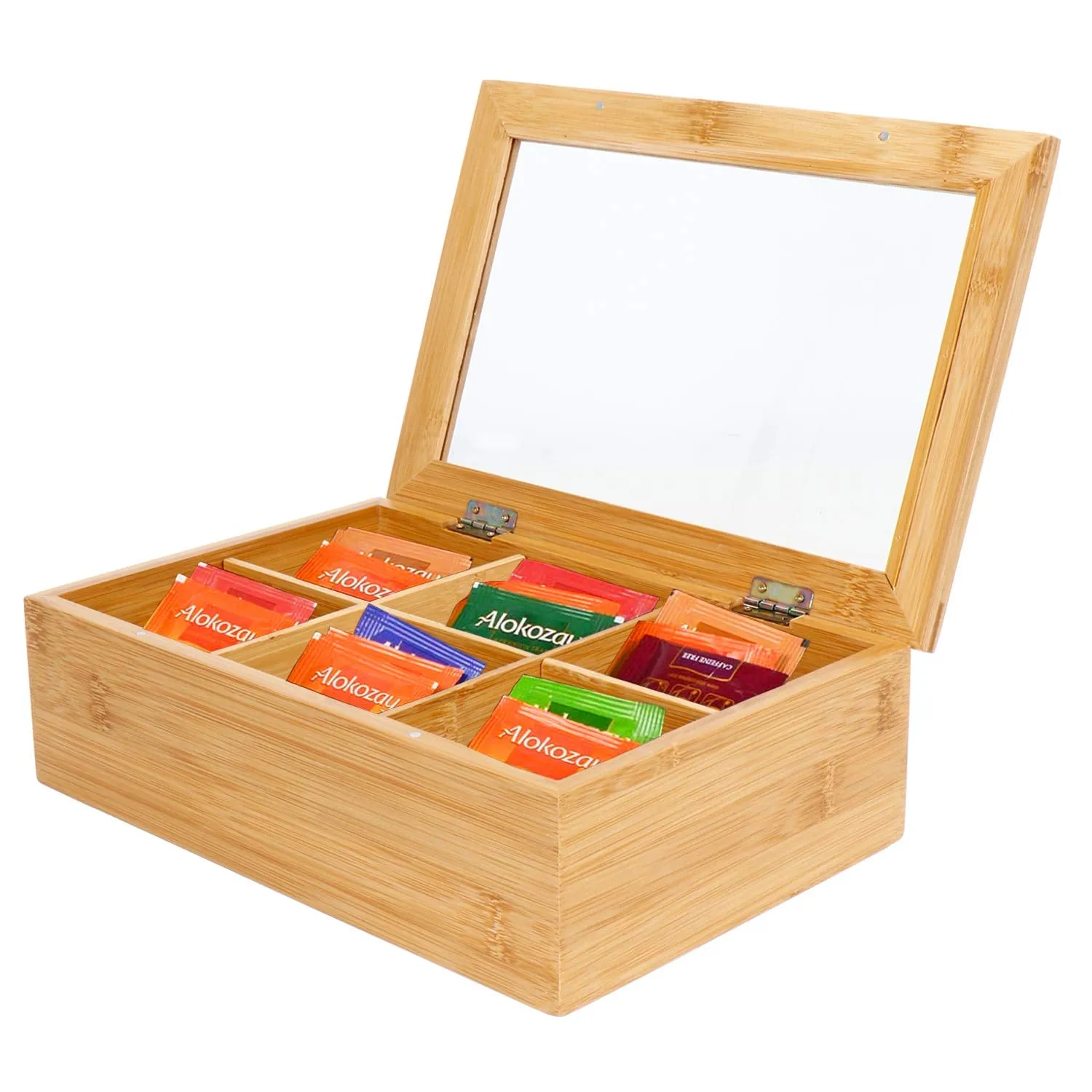 White Whale Eco-Friendly Wooden Tea Box Rectangular Storage Organizer Chest Box with 6 Compartments