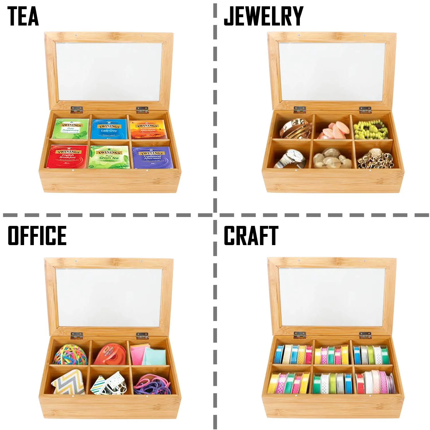 White Whale Eco-Friendly Wooden Tea Box Rectangular Storage Organizer Chest Box with 6 Compartments