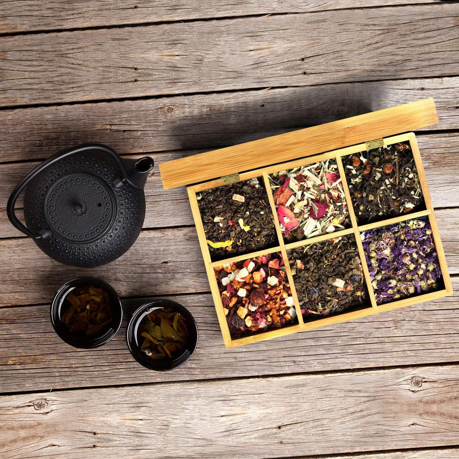 White Whale Eco-Friendly Wooden Tea Box Rectangular Storage Organizer Chest Box with 6 Compartments