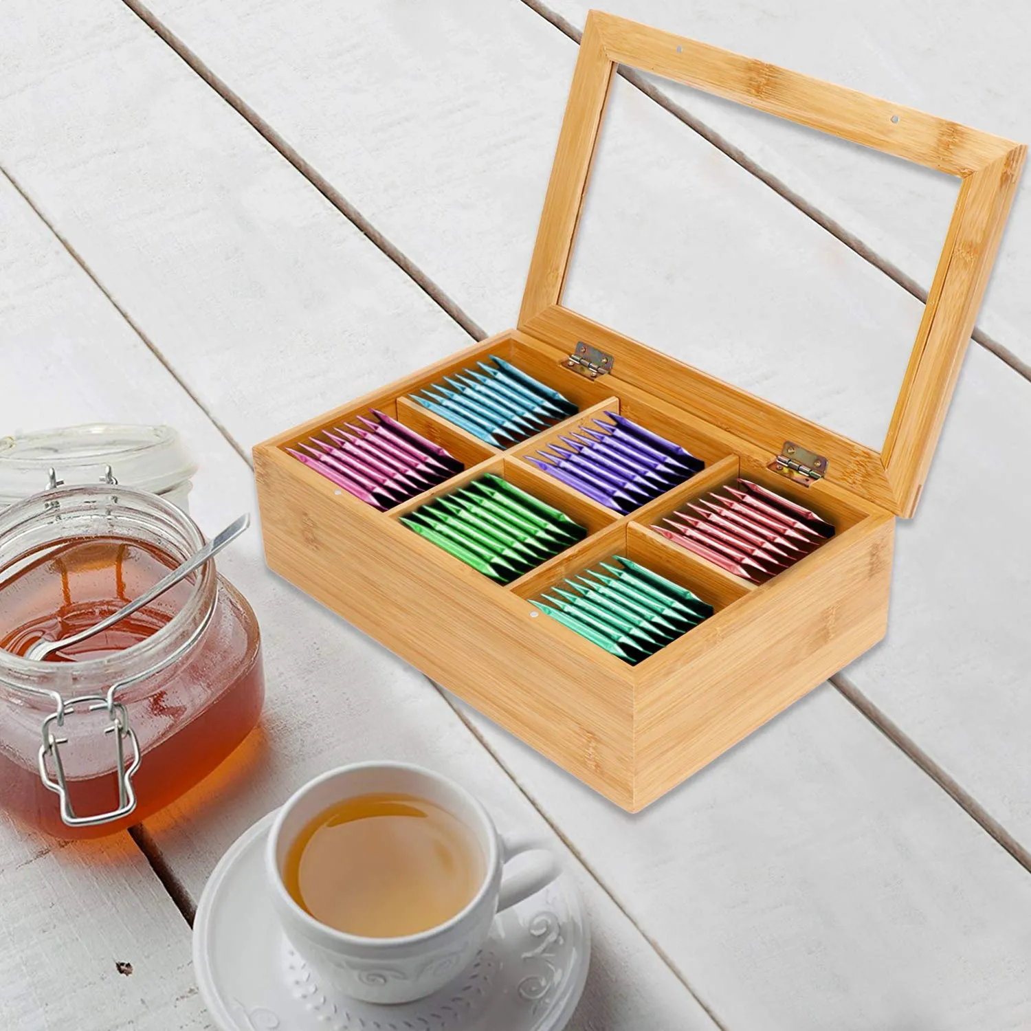 White Whale Eco-Friendly Wooden Tea Box Rectangular Storage Organizer Chest Box with 6 Compartments